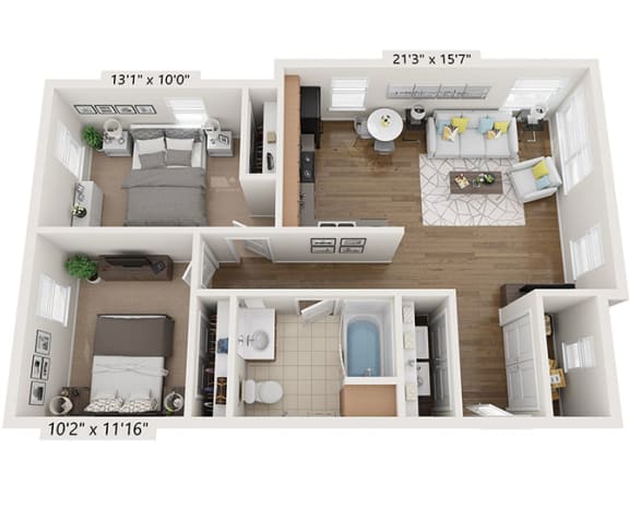 3D Floorplan of 2 bedroom 2 bathroom garden apartment_Beecher Terrace Apartments, Louisville, KY