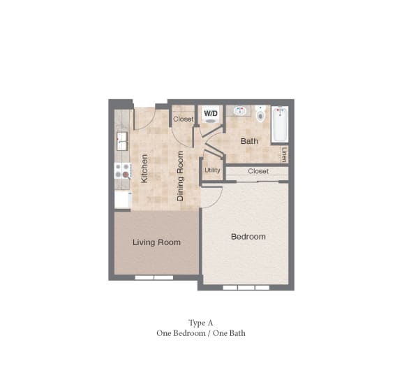 One bedroom 1 bath 2D floor plan, City Square 162 Apartments, New Orleans, LA