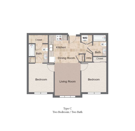 2 Bedroom 2 Bath Type C 2D Floorplan, City Square 162 Apartments, New Orleans, LA