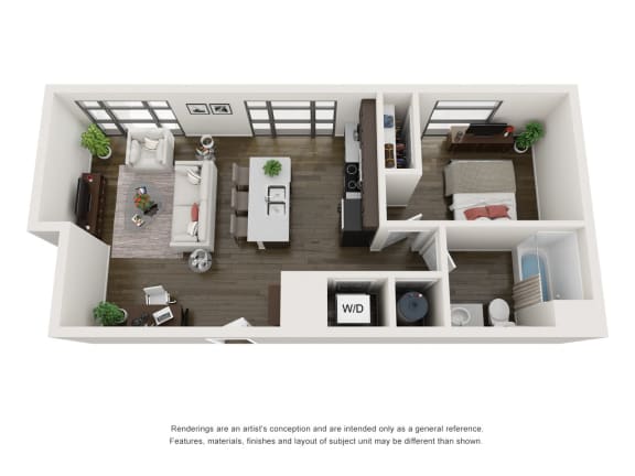 1 Bedroom 1 Bath 630 Square Feet 3D Floorplan - The Arts Lofts at Dayton Arcade, Dayton, OH