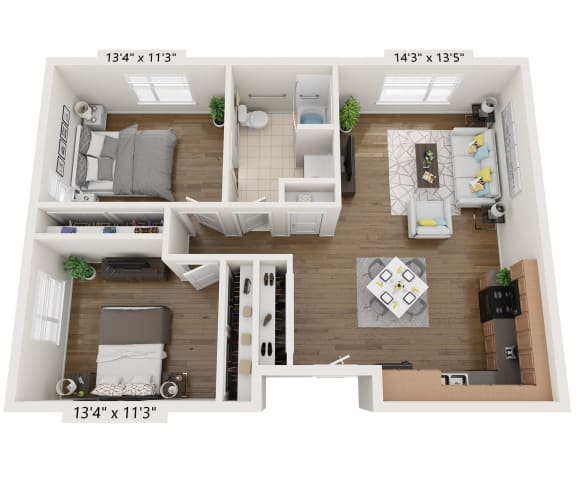 2 Bedroom 1 Bath 3D Floorplan-Phase 1, Beecher Terrace I Senior, Louisville, KY