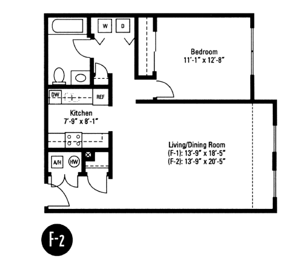 1 Bedroom 1 Bath Style F2 2D Floorplan, Crawford Square Apartments, Pittsburgh, PA