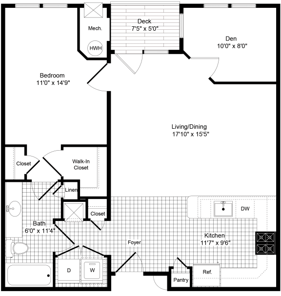 Floor Plan  Davenport - 1 Bedroom with Den floor plan