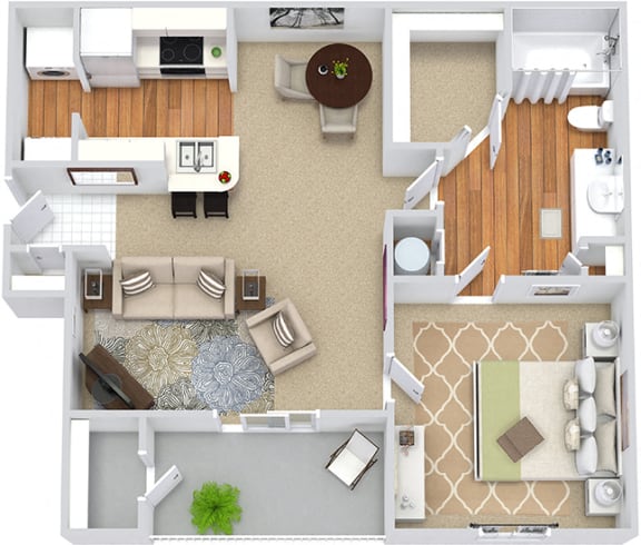 Sara 3D. 1 bedroom apartment. Kitchen with bartop open to living/dining rooms. 1 full bathroom. Walk-in closet. Patio/balcony.