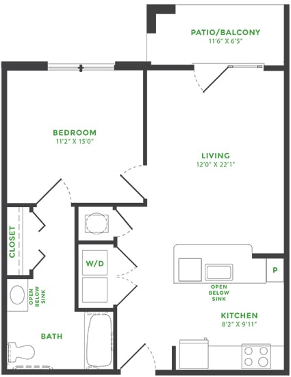 1 bedroom floorplan with kitchen with peninsula island overlooking living/dining area. bedroom with private bath into w.i.c. balcony/patio. full size w/d.