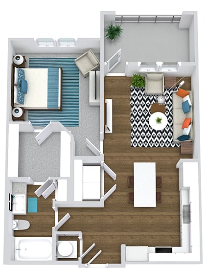 1 bedroom 1 bath floorplan. entry open to l-shaped kitchen with island. w/d in kitchen. bath with linen closet opens to kitchen and also connected to bedroom by walk-in closet. Balcony entrance off of living room.