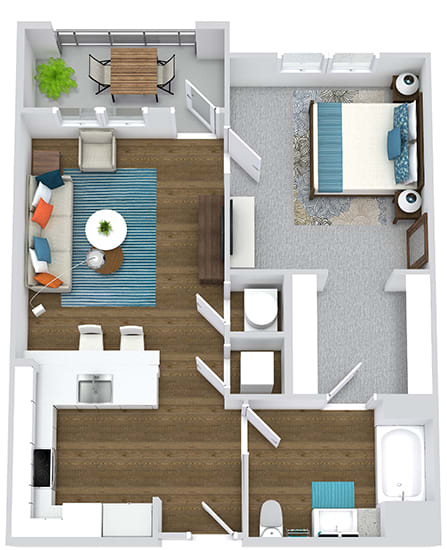1 bedroom 1 bath floorplan. entry open to u-shaped kitchen with peninsula. w/d off of kitchen. bathroom located off of kitchen. bathroom connected to bedroom by walk-in closet. Balcony located off a living area.