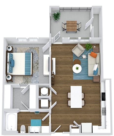 1 bedroom 1 bath floorplan. entry open to kitchen with island and pantry. w/d in kitchen. bath open to L-shaped kitchen and also connected to bedroom by walk-in closet. Balcony with storage.