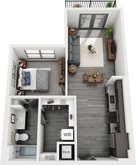 3D 1 bedroom floorplan. entrance open to kitchen, which leads to living/dining area. bedroom leading to bathroom with linen shelves. leading to walk-in closet with stackable w/d.