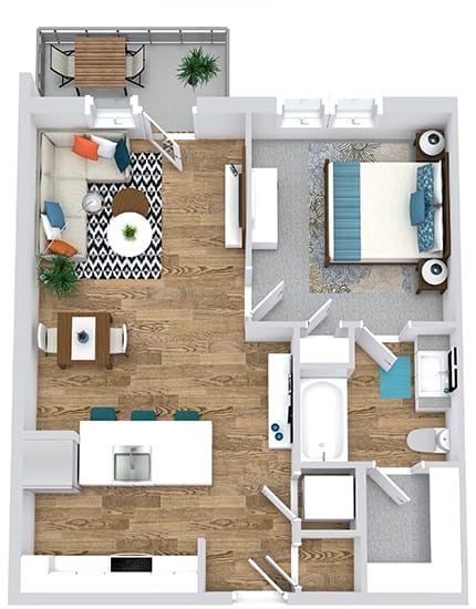 1 Bedroom 3D floorplan with kitchen and island peninsula bedroom with private bath. Walk-in Closet. Patio/Balcony.