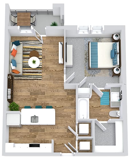 1 bedroom 3D floorplan with kitchen with peninsula island overlooking living/dining area. bedroom with private bath into w.i.c. balcony/patio. full size w/d.