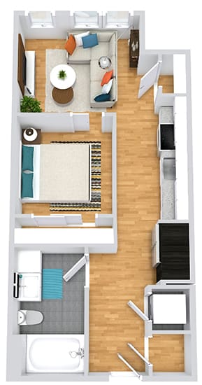 3D Studio apartment with 1 Bath. Entrance hallway has door to bathroom, stackable washer/dryer, and kitchen. Living area in the back of the floorplan with sliding door partition into bedroom with closet.