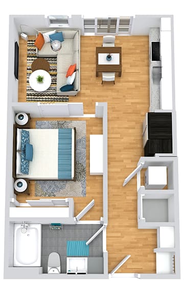 3D Studio apartment with 1 bath. Entrance hallway has coat rack and bench and open shelving. Entrance to Bathroom and washer/dryer. Opens into kitchen and living area. Bedroom off of living area separated by sliding door. 2nd entrance to bathroom from the bedroom. Juliette Balcony.