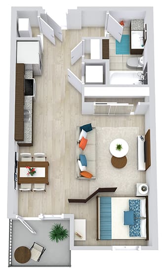 3D studio floorplan with stackable w/d at entrance. full bath with linen shelves. Kitchen with Pantry. Living/Dining/Sleeping areas.