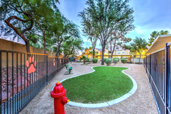 Dog park with grassy area and large trees surrounding it,.