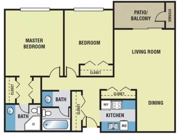 2 Bedroom / 2 Bath - 950 Sq. Ft. Floor Plan Image - B2