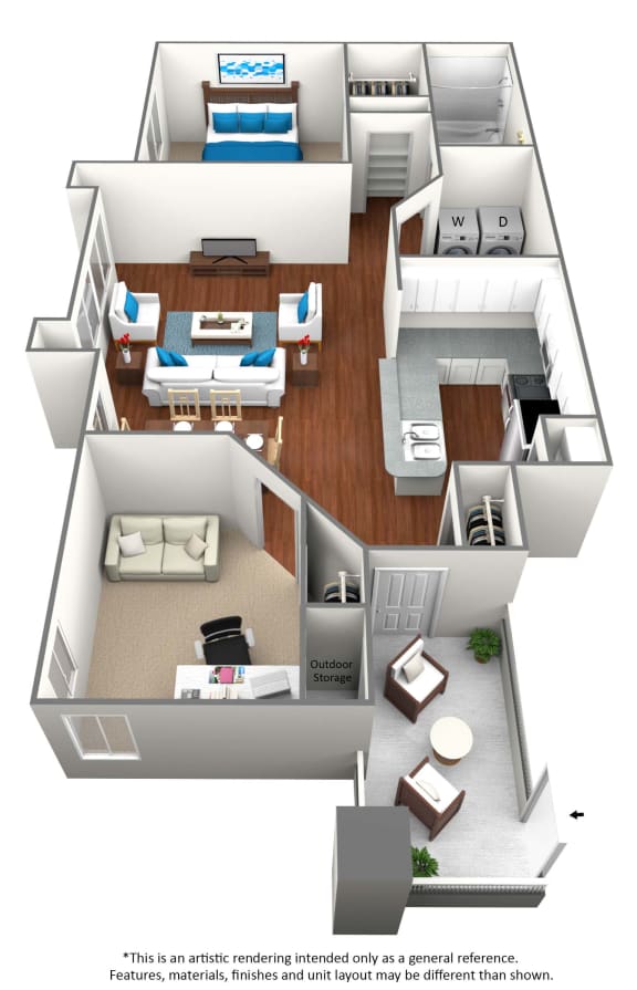 1 bedroom 1 bathroom floor plan L at University Ridge Apartments, Durham, North Carolina