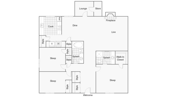 Three bedroom Two bathroom Floor Plan Three bedroom Two bathroom Floor Plan at 2900 Lux Apartment Homes, Las Vegas, NV, 89102