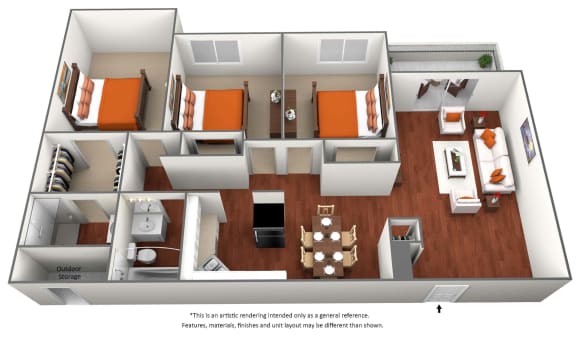 3bedroom 2 bath floor plan  at University Village Apartments, Colorado Springs