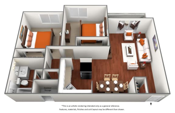 2 bedroom 1 bath floor plan at University Village Apartments, Colorado Springs, 80918