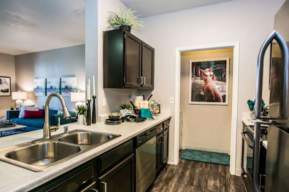 Kitchen with dark cabinets, light countertop, stainless steel appliances and wood like style flooring.