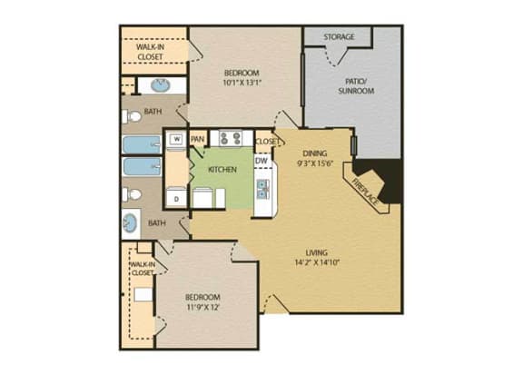 2 bedroom 2 bathroom floor plan  A at The Glen at Highpoint, Dallas, TX, 75243