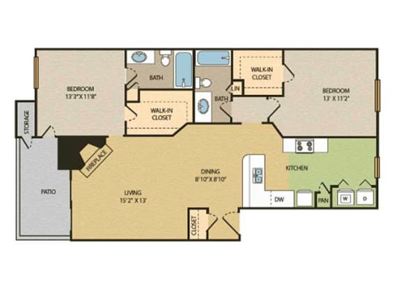 2 bedroom 2 bathroom floor plan  A at The Glen at Highpoint, Dallas, TX