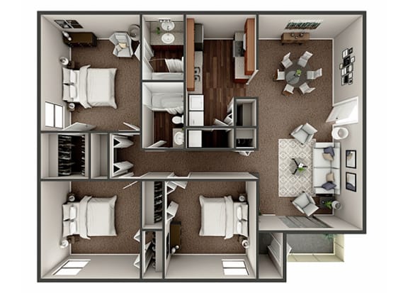 3 bedroom 2 bathroom floor plan at River Crossing Apartments, Thunderbolt