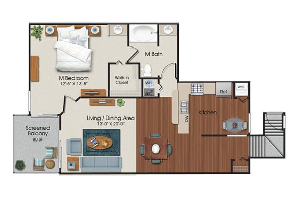 1 Bedroom b 1 Bath Floor Plan at Water&#x27;s Edge Apartments, Florida, 33351