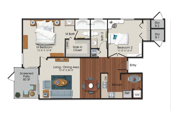 Floor Plan  2 Bedrooms and 2 Bathrooms Floor Plans at Water&#x27;s Edge Apartments, Sunrise, FL, 33351