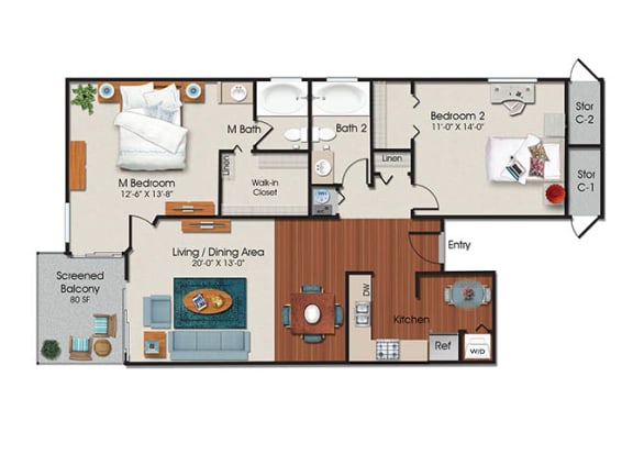 2 Bedrooms and 2 Bathrooms Floor Plans A at Water&#x27;s Edge Apartments, Sunrise, FL