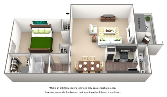 1 bedroom floor plan at The Willows on Rosemeade, 75287