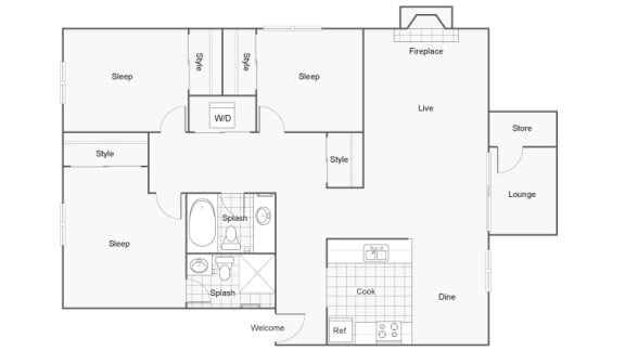 3 bedroom 2 bath Floor Plan 3 bedroom 2 bath Floor Plan at 2900 Lux Apartment Homes, Las Vegas