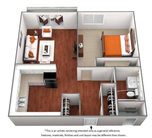 1 bedroom 1 bath floor plan at University Village Apartments, Colorado Springs, CO