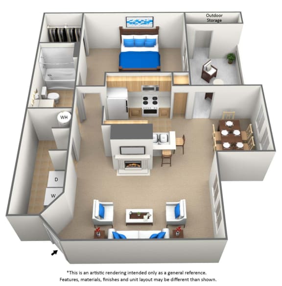 1 bedroom 1 bathroom floor plan at Bridford Lake Apartments, Greensboro, NC