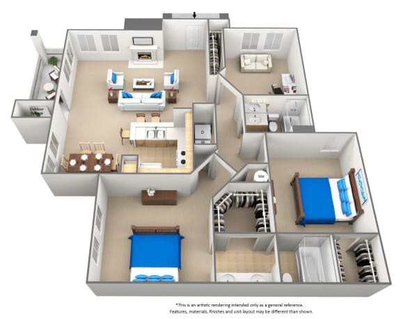 Floor Plan  3  bedroom 3 bathroom floor plan at Bridford Lake Apartments, North Carolina, 27407
