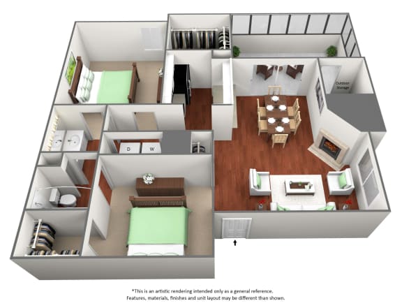 2 bedroom 1 bathroom floor plan at The Glen at Highpoint, Texas, 75243