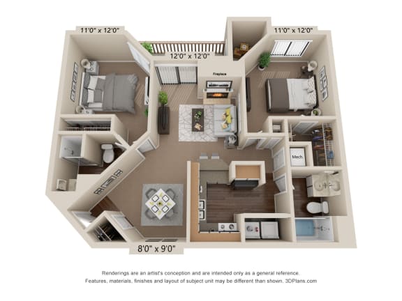 Floor Plan  The Eagle - 2 Bedroom/ 2 Bath - 885 sq. ft. at Glen at Bogey Hills, St. Charles, 63303