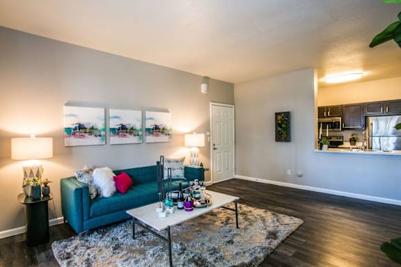 Livingroom with couch, coffee table, wall art, area rug, wood like style floors and the kitchen in the background.