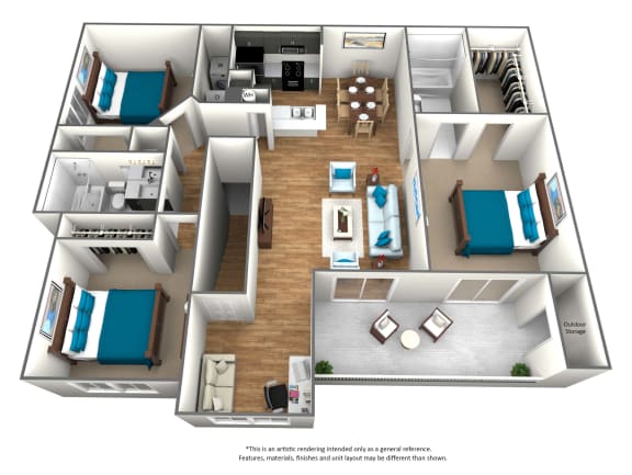 3 bedroom 2 bath floor plan at The Parkway at Hunters Creek, Orlando, FL, 32837