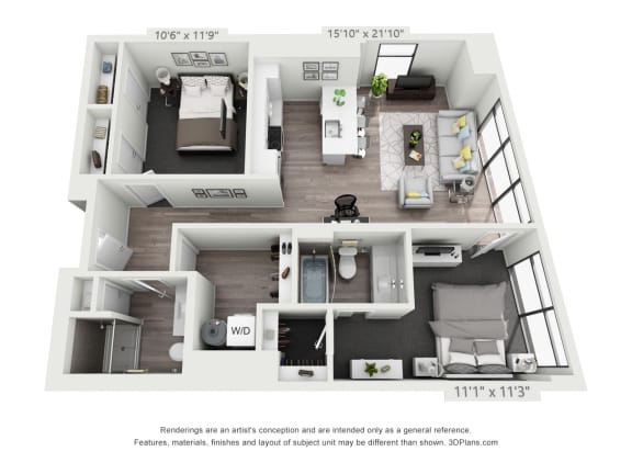 3d floorplan 1 bedroom w/ Den &amp;1 bath