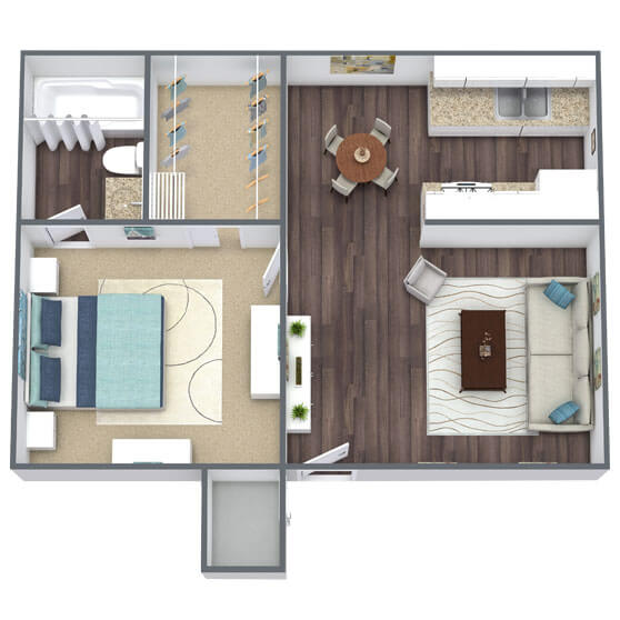Floor Plan  1-Bed 1-Bath Floor Plan 3D Image