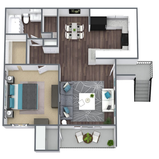 Floor Plan  1-bed, 1-bath 3D floor plan image