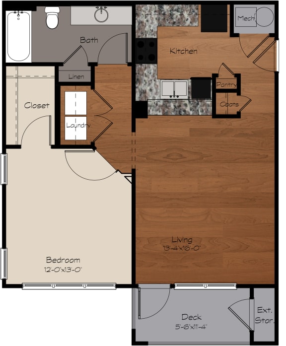 2D Floor plan, one bedroom, one bathroom