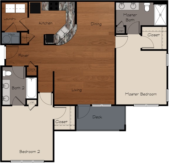 2D Floor plan, two bedroom, two bathroom