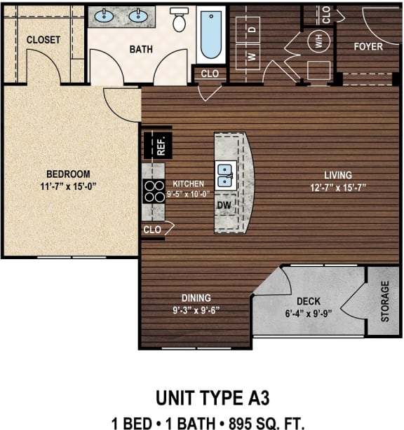 Our A3 The Murray floor plan with one bedroom and one bath. at York Woods at Lake Murray Apartment Homes, Columbia
