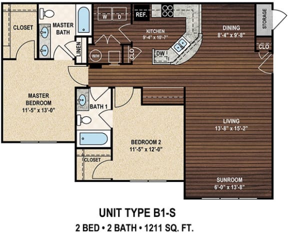Our B1-S The Holly&#x27;s Ferry floor plan with two bedrooms and two baths. at York Woods at Lake Murray Apartment Homes, Columbia