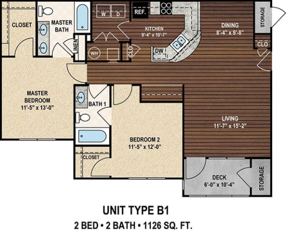 Our B1 The Holly Key floor plan with two bedrooms and two baths. at York Woods at Lake Murray Apartment Homes, Columbia, South Carolina