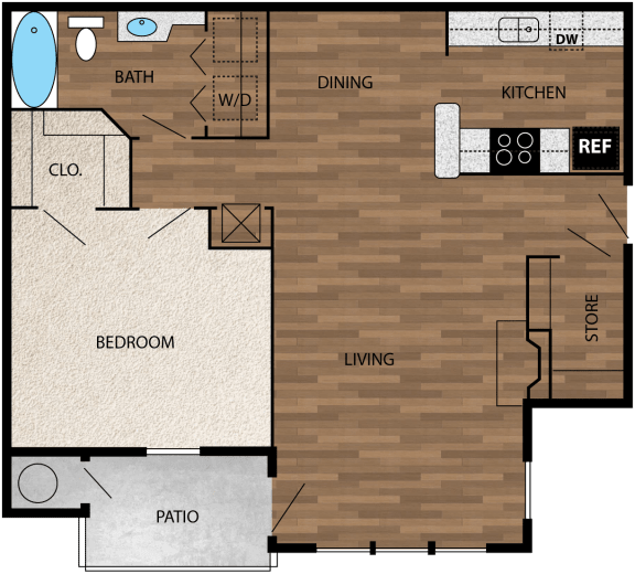 floor plan image of 843sf 1 bedroom 1 bath upgraded with wood like plank flooring