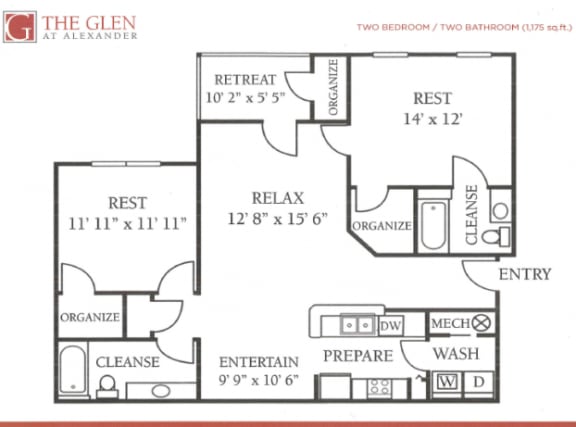 2D two bedroom split floor plan